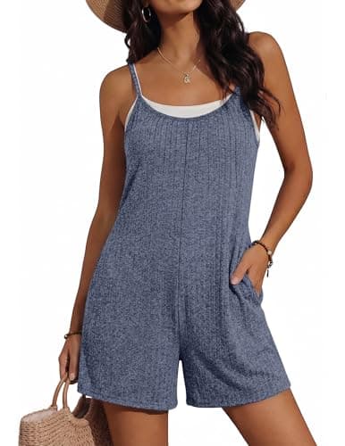Ekouaer Womens Summer Casual Rompers 2026 Loose Sleeveless Overalls Adjustable Shorts Jumpsuits with Pockets Outfits Blue X-Large - Image 1