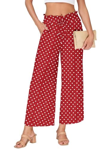 VUTRU Women Pants Wide Leg Casual Summer High Waisted Elastic Flowy Travel Lounge Beach Polka Dot Capris with Pockets, Red2 L - Image 1