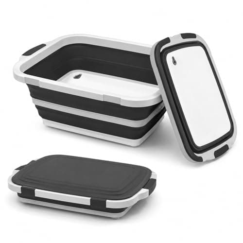 Collapsible BBQ Prep Tub with Cutting Board & Lid, Folding Food Container BPA-Free Heavy-Duty, Dishwasher Safe, Upgraded Drain Hole - for Camping, Grilling Outdoor Cooking (Black, X-Large) - Image 1