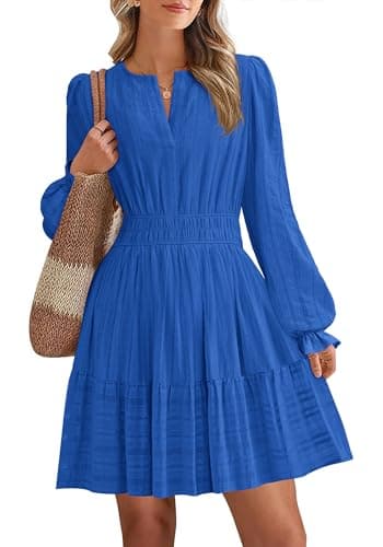 BTFBM Mini Dresses for Women 2026 Casual Lightweight Long Sleeve V Neck A Line Elastic Waist Party Holiday Dress(Blue, Medium) - Image 1