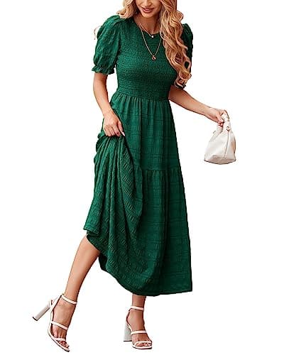 dowerme Womens Summer Dresses 2025 Casual Puff Short Sleeve Crewneck Smocked Flowy Ruffle Boho Beach Party Maxi Sundress(Dark Green,Medium) - Image 1