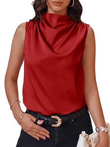 Cicy Bell Womens Mock Neck Satin Tank Tops Business Casual Work Ruched Blouses Summer Corporate Outfits Red - Image 1