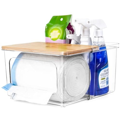 iCASA Trash Bag Dispenser Holder - 2 in 1 Acrylic Under Sink Organizer Garbage Bags Container with Bamboo Lid, Holds up to 100 Count 13/30/33 Gallon Bag Roll for Kitchen, Pantry, Laundry Room Storage