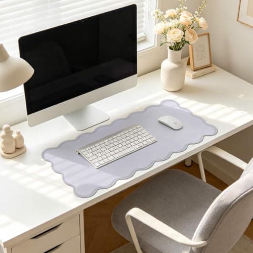 yuboo Grey Scalloped Desk Mat, 31" x 15.7" Large Aesthetic Mouse Mat, PU Leather Waterproof Computer Mouse Keyboard Desk Pad, Desk Accessories for Office and Home