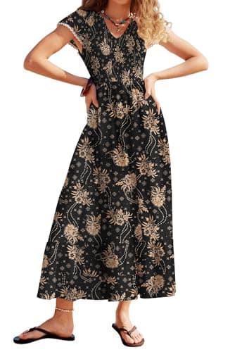 Summer Maxi Black Floral Dress for Women, Casual V Neck Boho Long Beach Dress, Flowy A Line Vacation Sundress Easter Outfits - Image 1