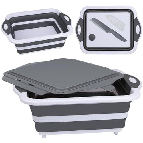 QiMH Collapsible BBQ Prep Tub, Picnic Basket with Lid Foldable Dish Basin, Washing and Draining Veggies Fruits, Food Grade Portable Cutting Board for Camping, Traveling, and Kitchen