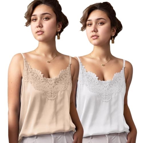Silk Camisole Tops for Women Satin Cami Adjustable Strap Spaghetti Strap Silk Tank Tops Office Wear V-Neck Satin Lace Trim Cami Business Casual (US, Alpha, X-Small, Regular, Regular, Apricot+White) - Image 1