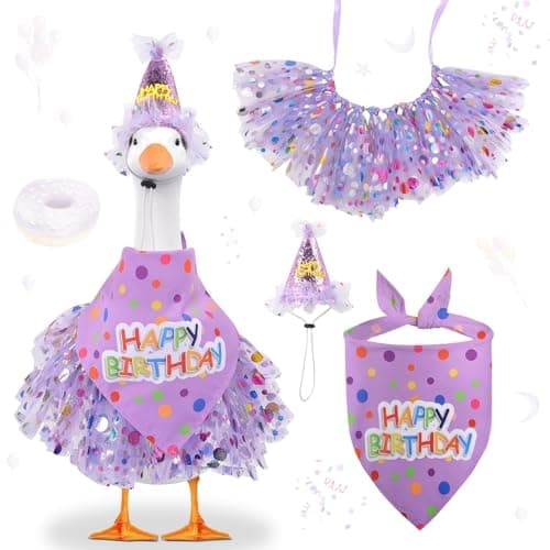 yuboo Purple Birthday Porch Goose Outfit, Tulle Skirt, Glitter Hat & Bandana – Fits 17" to 23" Cement Plastic Lawn Geese – Spring Easter Garden Decor Statue Clothes - Image 1