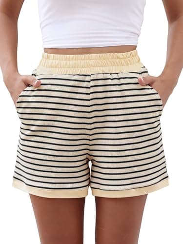 ANRABESS Women's Striped Shorts - Summer Casual Beach Lounge Sleep Pajama with Elastic Waist Beige Black Stripe Medium - Image 1