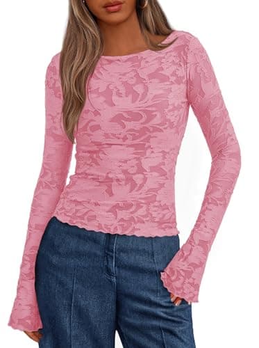 BTFBM Casual Long Sleeve Shirts Fall 2025 Going Out Tops for Women Trendy Floral Work Blouses Bodycon Tunics(Pink,Large) - Image 1
