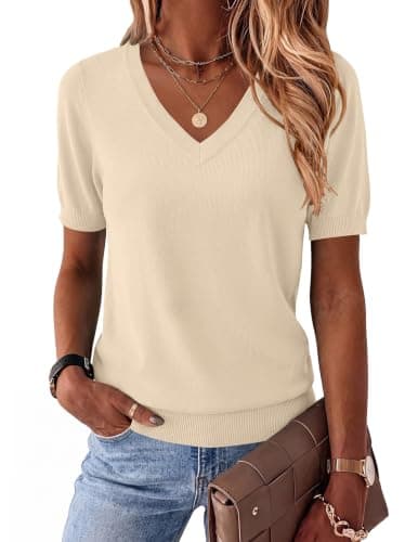Zeagoo Tops for Women Trendy Short Sleeve Lightweight Basic Summer Sweater Vneck Spring Tops Work Dressy Blouses Sweater Beige - Image 1