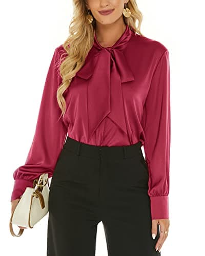 Women's Silk Blouse Bow Tie Neck Long Sleeve Satin Button Down Shirt Casual Office Blouse Top (Wine red, Small) - Image 1