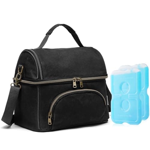 neatlife Waxed Canvas Lunch Bag for Men, Lunch Box with Ice Packs, Black Lunch Cooler for Men Work, 2 Compartment 10.5L Soft Cooler with 2 Ice-Packs for Work, Camping, Beach and Road Trips - Image 1