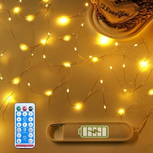 Fairy Lights Battery Operated - Rechargeable String Lights for Bedroom Dorm - LED Decorative Twinkle Light with Remote 8 Modes Hook - 16ft - Image 1