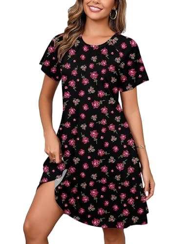 Heymoments Women's Short Sleeve Dress Floral Print Large Crewneck Casual Loose Flowy Below Knee Length Sundress Business A Line Shirt Teachers Summer Novelty Boho Dresses with Pockets - Image 1