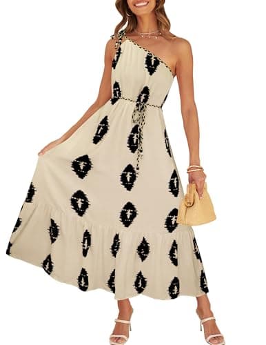 CCTOO Women's Floral Print Maxi Dress 2026 Sleeveless Summer Knot One Shoulder Flowy Boho Dresses with Pockets Beige L - Image 1