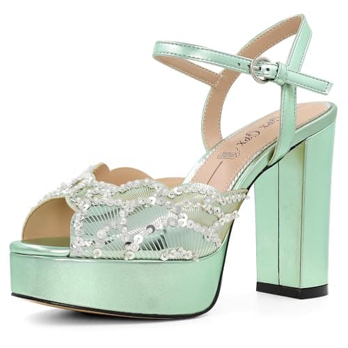 GPXGPX Sparkly Women's Sandals Chunky Heeled Fish Mouth Open Toe Platform High Heels Ankle Strap Dressy Weddings Sexy Sandals Shoes Turquoise 7.5 - Image 1
