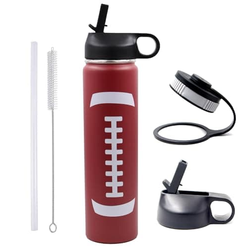 25 oz Football Water Bottle, Stainless Steel Vacuum Insulated Water Bottle with Straw and 2 Lids, Wide Mouth BPA Free Double Wall Leak Proof Flask for Sports, Travel, Gym, School
