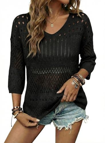 EVALESS Resort Wear for Women 2026 Spring Tops 3/4 Sleeve Crochet Hollow Out Lightweight Sweaters Dressy Casual Cute Shirts Beach Cover Ups for Women Vacation Outfits Black Top Summer Clothes, Small - Image 1