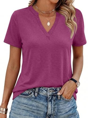 YESTTO Womens V Neck Summer Tops Short Sleeve T Shirts Loose Fit Casual Tee Trendy Basic Tops Lightweight Breathable Fashion Clothes 2026 Rose Red - Image 1