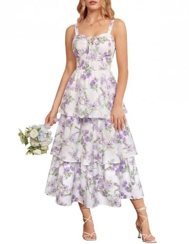 Corset Dress for Women Milkmaid Summer Wedding Guest Dress Sleeveless Tiered Floral Sundress White Purple Flower Size 14 - Image 1