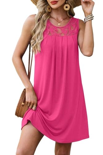 BKRIVE Summer Dresses for Women Sleeveless Pleated Sundress Lace Scoop Neck Beach Vacation Dress Fuchsia 3XL - Image 1