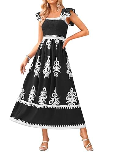 BTFBM Summer Dresses for Women 2026 Casual Floral Boho Sleeveless Square Neck A Line Flowy Beach Maxi Sundress Pockets(Black White Flower, Medium) - Image 1