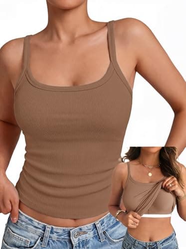 GKBK Women's Sleeveless Built in Bra Tank Top Form Fitting Scoop Neck Ribbed Knit Basic Padded Cami Shirts Brown XL - Image 1