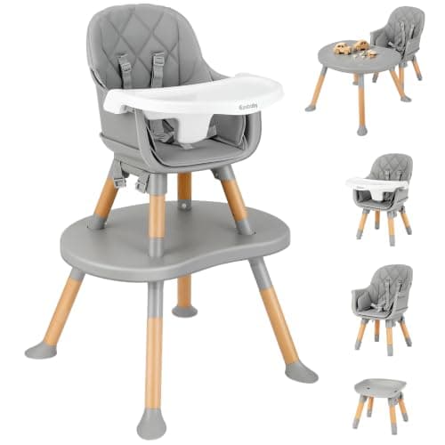 Ezebaby 8-in-1 Baby High Chair, Convertible High Chair for Babies and Toddlers/Booster Seat/Toddler Chair/Table & Chair Set/Kids Stool, Wood Highchair with Removable Tray, Seatbelt, PU Cushion (Gray) - Image 1
