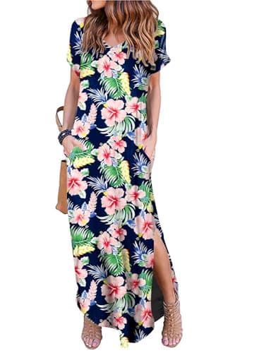 Camdoria Hawaiian Tropical Vacation Dresses for Women Summer Maxi Dresses Casual Loose Pocket Short Sleeve V Neck Split Beach Cover Up Long Sundress L - Image 1