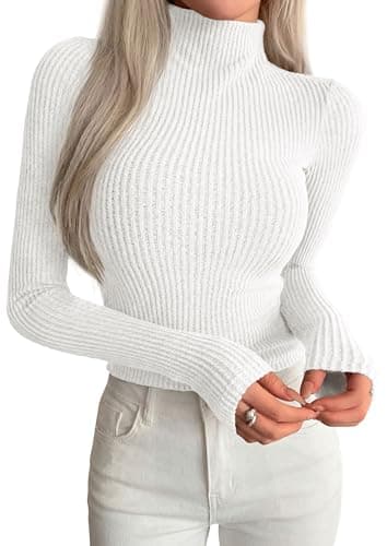 PRETTYGARDEN Long Sleeve T Shirts for Women Fall Fashion 2026 Mock Neck Fitted Ribbed Tee Tops Casual Basic Winter Clothing (White,X-Small) - Image 1