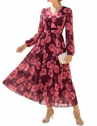 GRACE KARIN Women's Floral Long Sleeve Dresses,Elegance Wedding Guest Dresses,Maxi Dress Dark Red with Red Flowers S - Image 1