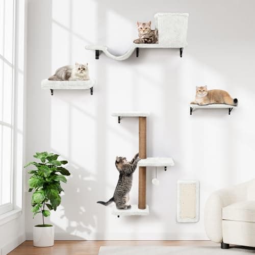 5-in-1 Cat Wall Shelves, Multi-Level Cat Climbing Furniture, Perch & Lounge for Indoor Cats, Space-Saving Wall Mounted Shelves for Play & Rest (Natural Wood) - White - Image 1