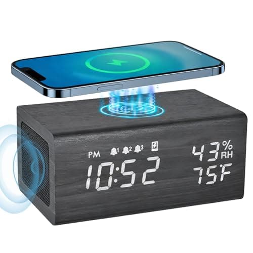Wooden Digital Alarm Clocks,10W Wireless Charging with 3 Alarms, Dual 5W Stereo Bluetooth Speaker and Light Up with Sound, Adjustable Brightness Date Display Clock for Bedroom, Heavy Sleepers Adults - Image 1