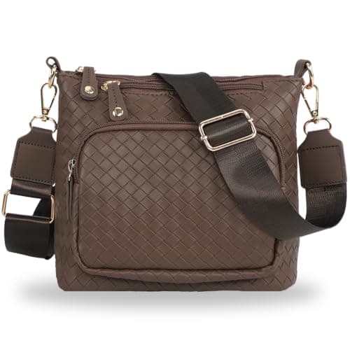 U+U Woven PU Leather Crossbody Bags for Women, Multi Compartment Shoulder Handbag with Adjustable Wide Strap and Removable Zipper Pouch (Brown) - Image 1