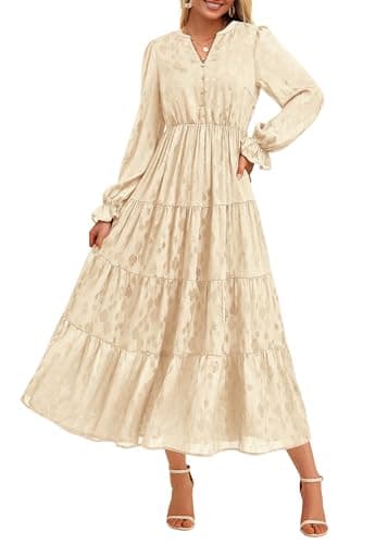 KIRUNDO Spring Wedding Guest Dresses for Women 2026 Maxi Floral Long Sleeve Elegant Ruffle Tiered Flowy Party Long Dress(Beige, Small) - Image 1