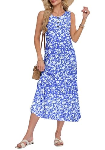 WNEEDU Women Summer Sleeveless Midi Dresses Button Front Sundress with Pockets(BY WT S Floral,M) - Image 1