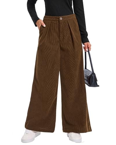 Ystguic Women's High Empire Elastic Waist Corduroy One Button Zipper Wide Leg Palazzo Coffee Chocolate Brown Pant with Pockets Casual Spring Summer Loose Vocation Holiday Comfy Slack Trousers - Image 1