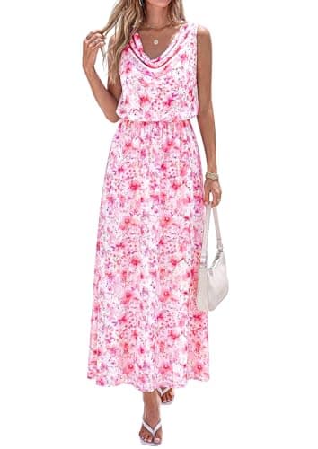 PRETTYGARDEN Floral Dress for Women 2026 Spring Formal Sleeveless Cowl Neck Graduation Summer Wedding Guest Maxi Long Dresses(White Pink Flower,Small) - Image 1