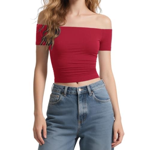 Women Off The Shoulder Tops Going Out Y2K Summer Sexy Double Line Shirts Slim Fitted Tops for Woman Trendy Basic Blouses Shirt Club Outfits Elegantes para Mujer Wine - Image 1