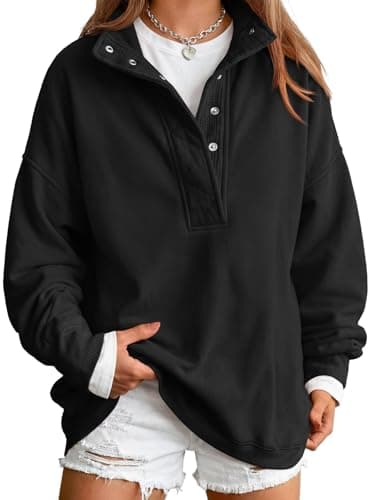 Trendy Queen Womens Oversized Sweatshirts with Snap Button Henley Collar Black L - Image 1