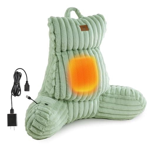 Amélie Home Heated Faux Fur Reading Pillow 3 Temperature Backrest for Sitting in Bed Support Cushion, USB-Powered(No Power Bank Included) Warming (113°F-131°F), 3H Auto Shutoff, Sage Green, 26 Inches - Image 1