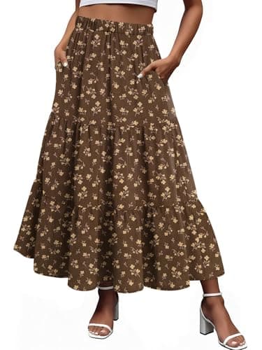 Magritta Womens Boho Maxi Skirt Elastic High Waist with Pockets Vacation Coffee Flower XX-Large - Image 1