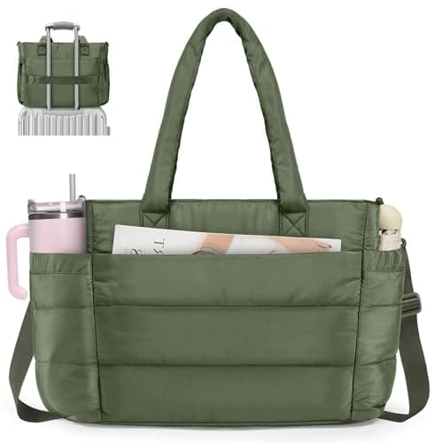 Puffer Tote Bag for Women 17in Quilted Laptop Bag Large Travel Weekender Bag with Travel Sleeve Lightweight Shoulder Bag for Work, Dark Green - Image 1