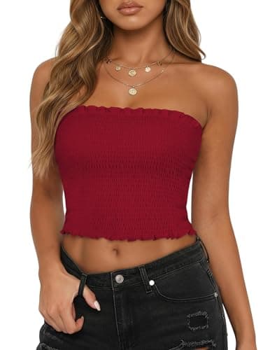 Aprolive Women's Strapless Crop Tops Ruffle Smocked Tube Tops Summer Sleeveless Bandeau Top Camis Tank Tunic Top Off The Shoulder Shirt(1-Red,Medium)