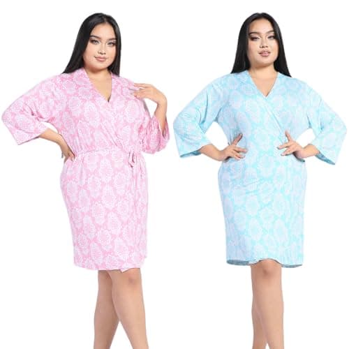 wearbamboo Real Essentials:V-Neck 3/4 Sleeves womens robe-Viscose cozy robes for women soft ladies bathrobe comfty women's nightgowns and sleepshirts Pink&Blue Floral Pattern - Image 1