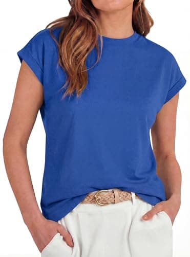 GRECERELLE Womens Summer Cap Sleeve Tops Crew Neck Casual Classic Loose Fit Basic Tee Shirt, Royal Blue, S - Image 1