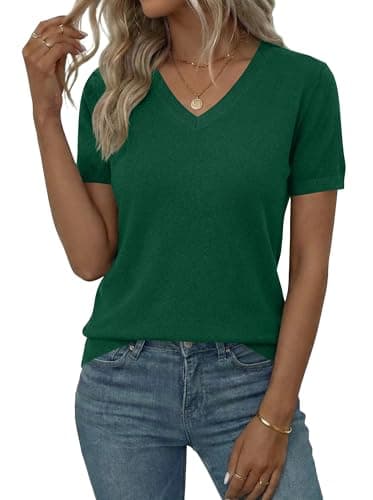 LaGracia Sweater for Women V Neck Short Sleeve Summer Spring Sweaters Wool Blend Business Casual Tops Green M - Image 1