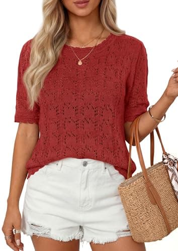 PRETTYGARDEN Women's Short Sleeve Sweater Lightweight Crochet Summer Spring Tops 2026 Trendy Casual Hollow Out Shirts Beach Vacation Clothes (Red,XXL) - Image 1