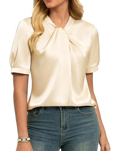 GRACE KARIN 2026 Women Satin Tops Short Sleeve Blouse Mock Neck Work Silk Shirts Business Casual Outfits Champagne L - Image 1